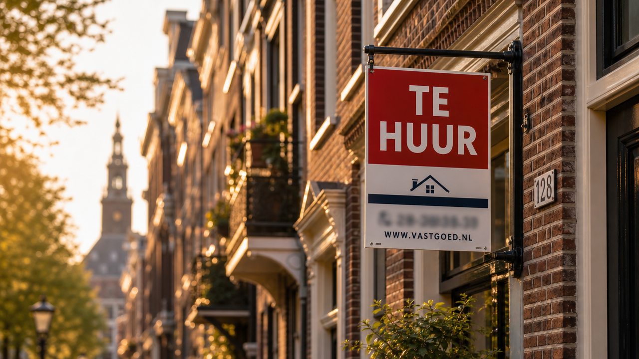 Een TE HUUR-bord bij woningen in een Nederlandse stad.