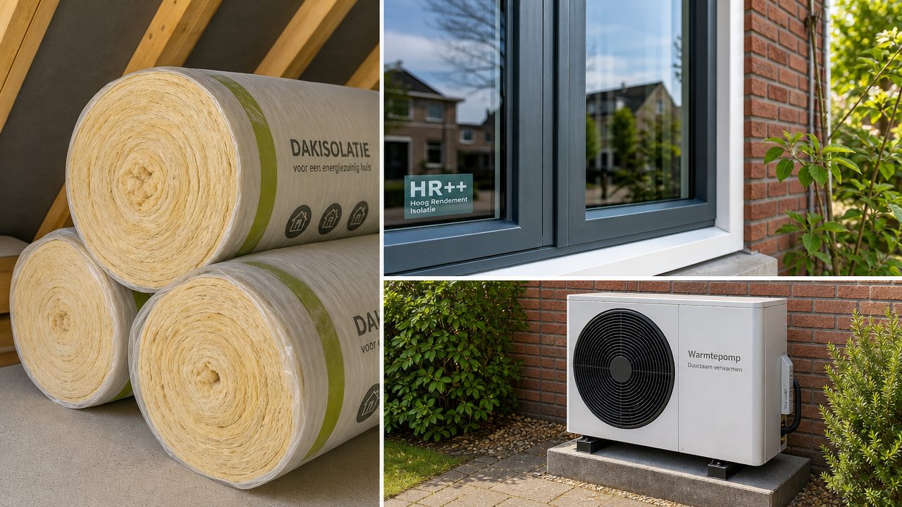 Verduurzamingsmaatregelen: dakisolatie, een HR++-raam en een warmtepomp bij een woning.